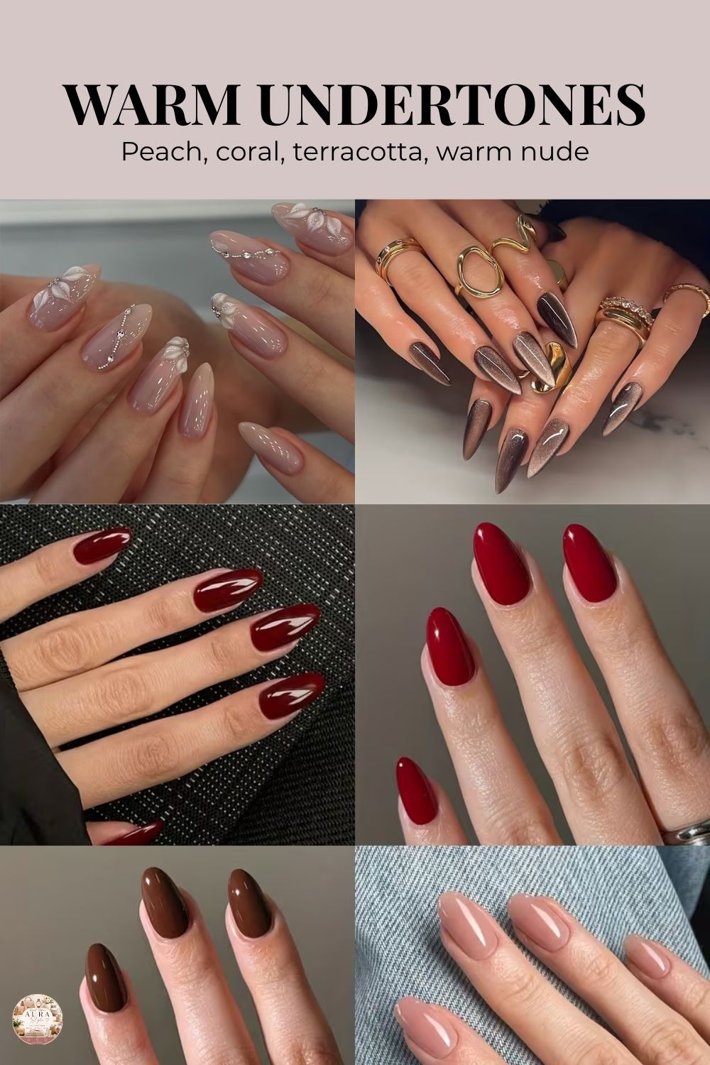 Warm undertones nail color examples including peach coral terracotta and warm nude